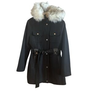 Laundry By Design Black Wool Blend Woman's Size Large Belted Coat Faux Fur Trim